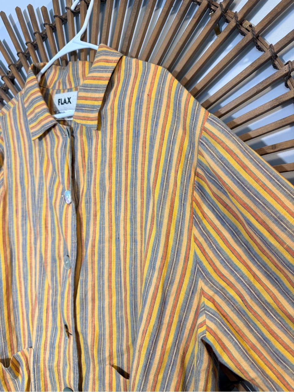 Flax Women’s Yellow Linen Multi Striped Button Down Jacket w Pockets Lagenlook L - Picture 2 of 14